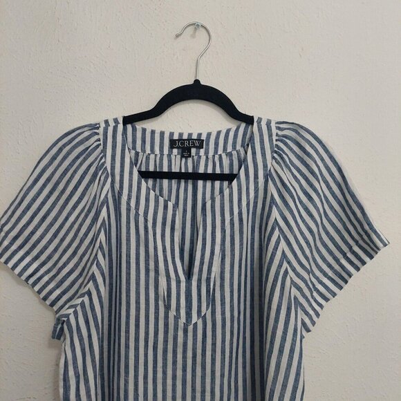 J Crew Flutter-Sleeve Linen Top Womens Sz S Navy Blue White Stripe V-Neck Beach - Picture 5 of 13